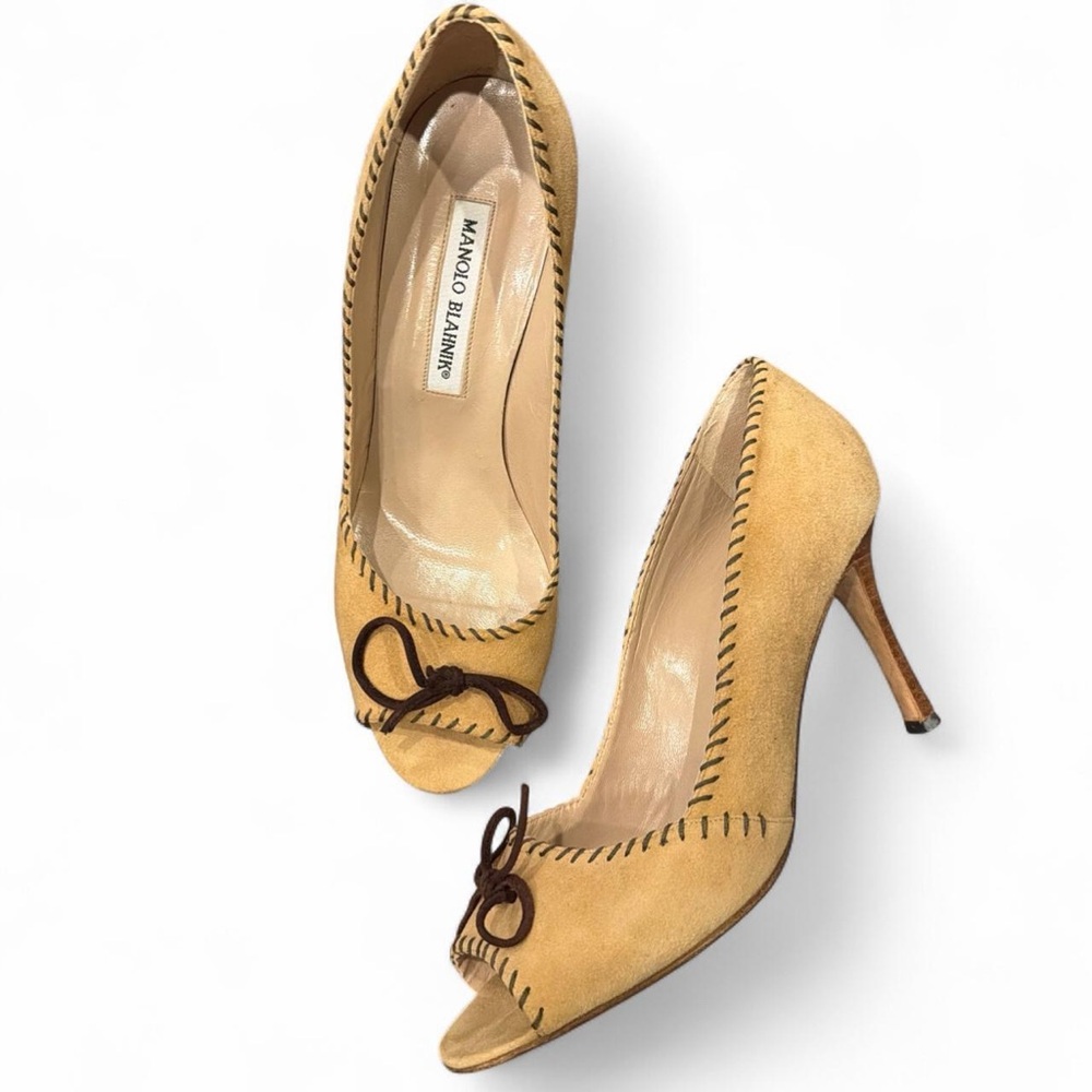 Vintage Manolo Blahnik Suede Peep Toe High Heel Pumps Camel Tan 38.5